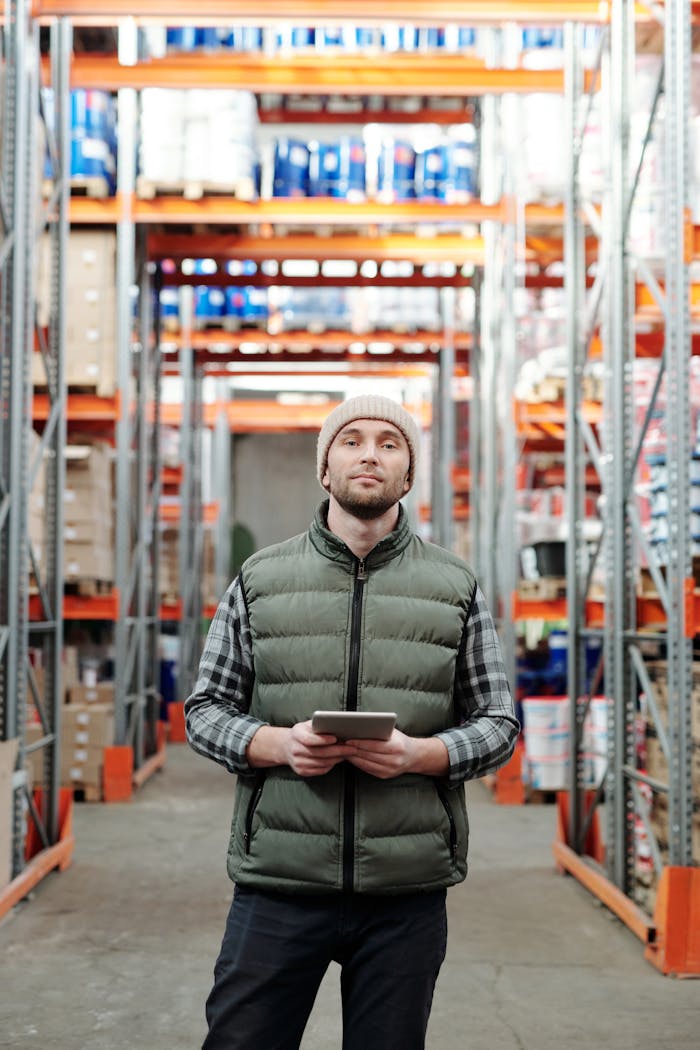 why-choose-us Warehouse worker stands in aisle using a tablet to manage inventory.