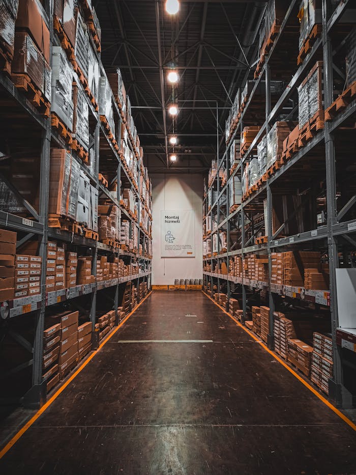 services-01 A well-organized warehouse aisle with stacks of goods on industrial storage racks, ensuring efficient logistics.