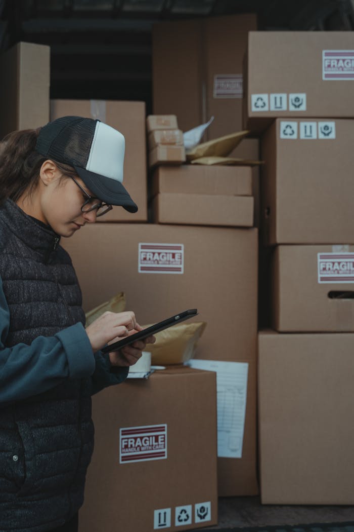 services-05 A warehouse employee checks inventory on a tablet beside stacked boxes marked fragile.